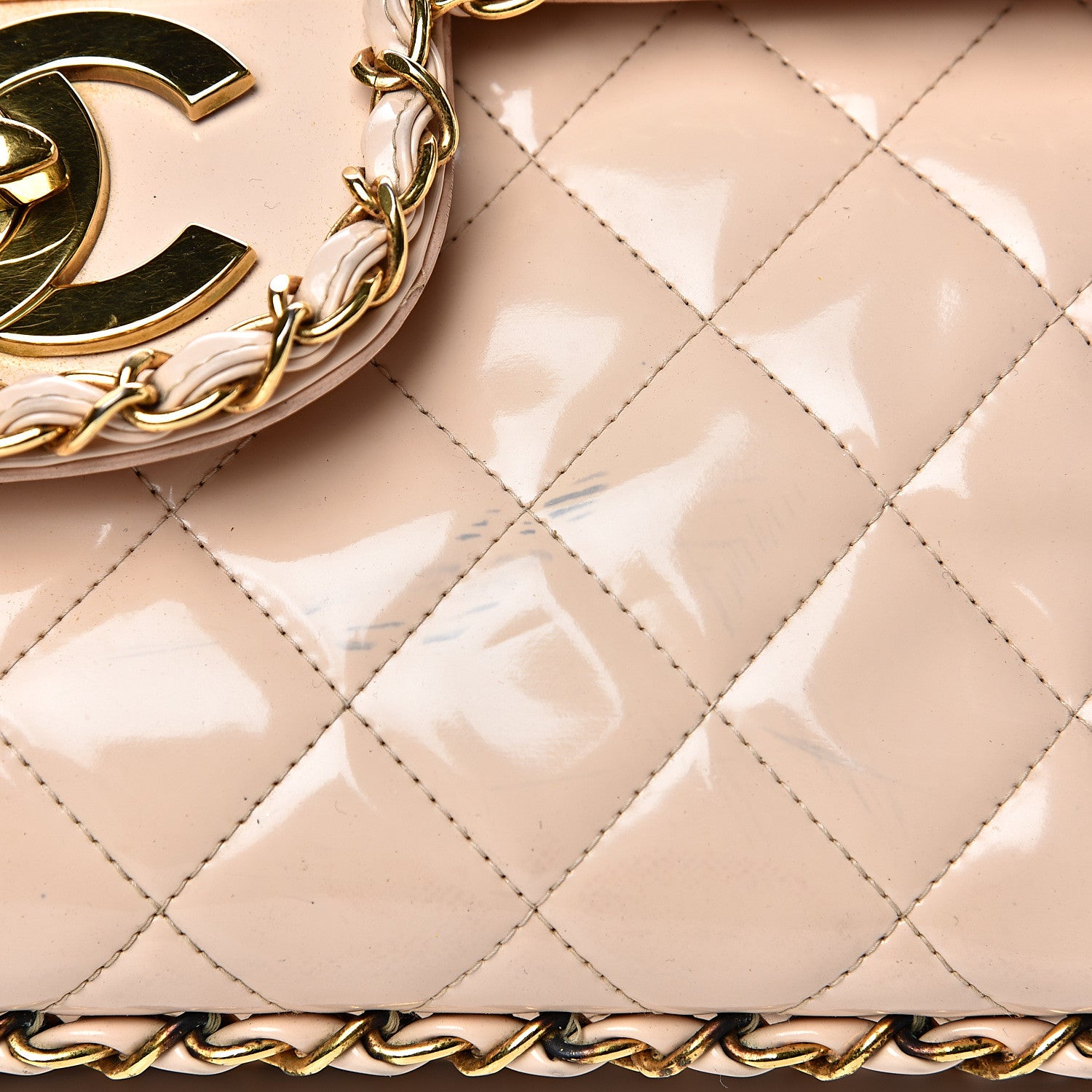 Chanel Patent Quilted Jumbo XL Chain Around Flap Beige 13 of 19