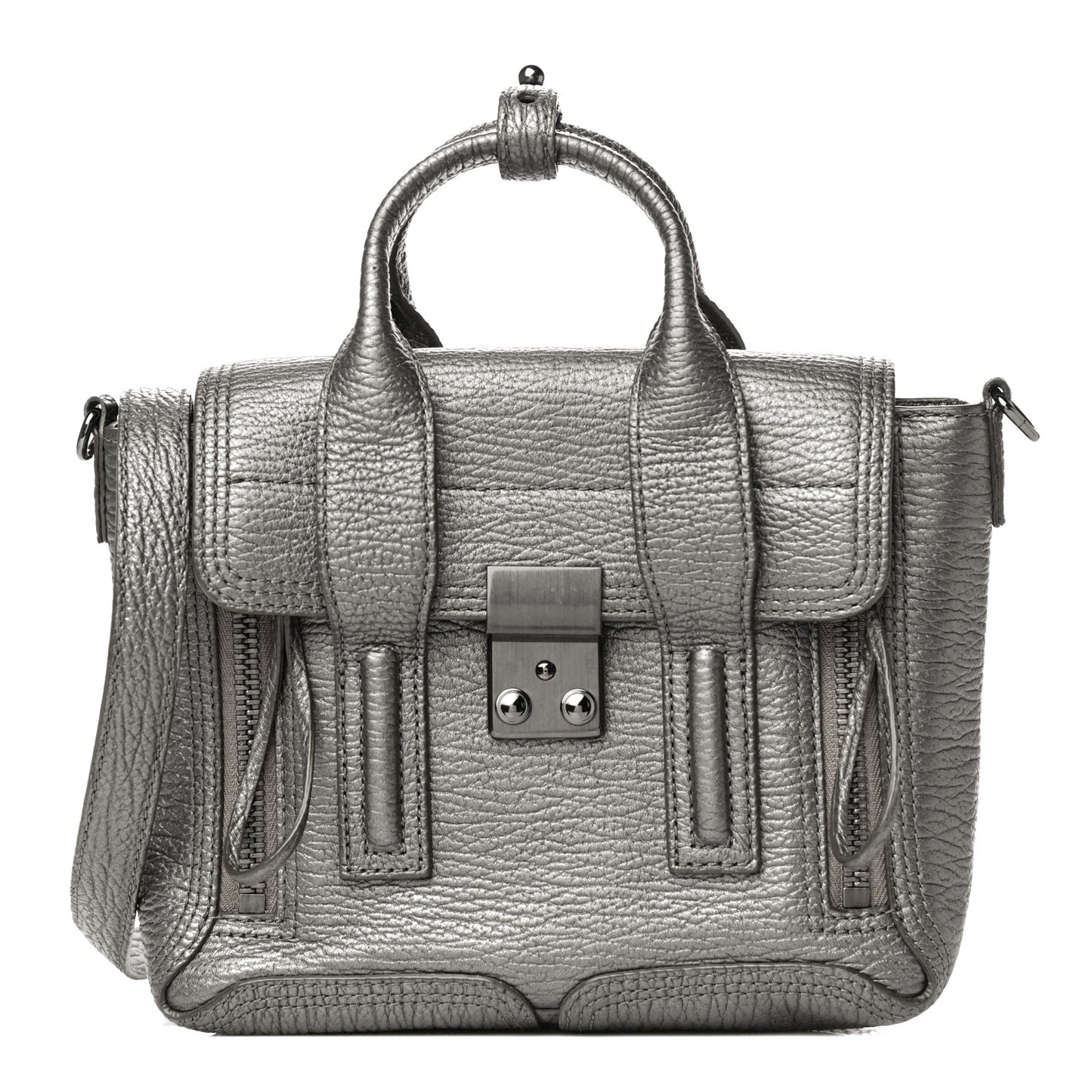 Metallic Textured Calfskin Mini Pashli Satchel Silver