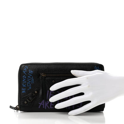 Balenciaga Agneau Arena Graffiti All Over Classic Hardware Continental Zip Around Wallet Black Bleu Violet 2 of 8