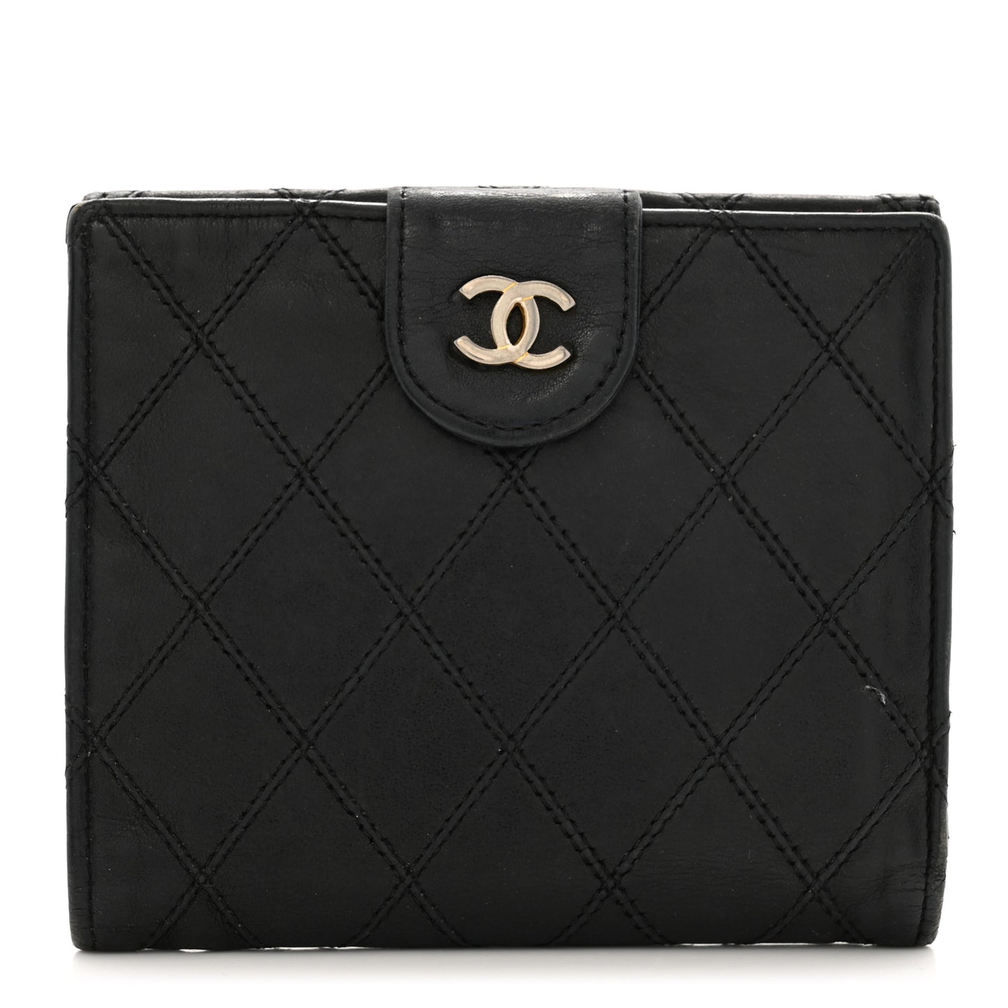Lambskin Diamond Stitched Compact French Wallet Black