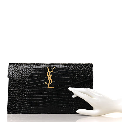 Saint Laurent Calfskin Crocodile Embossed Uptown Monogram Pouch Black 2 of 7