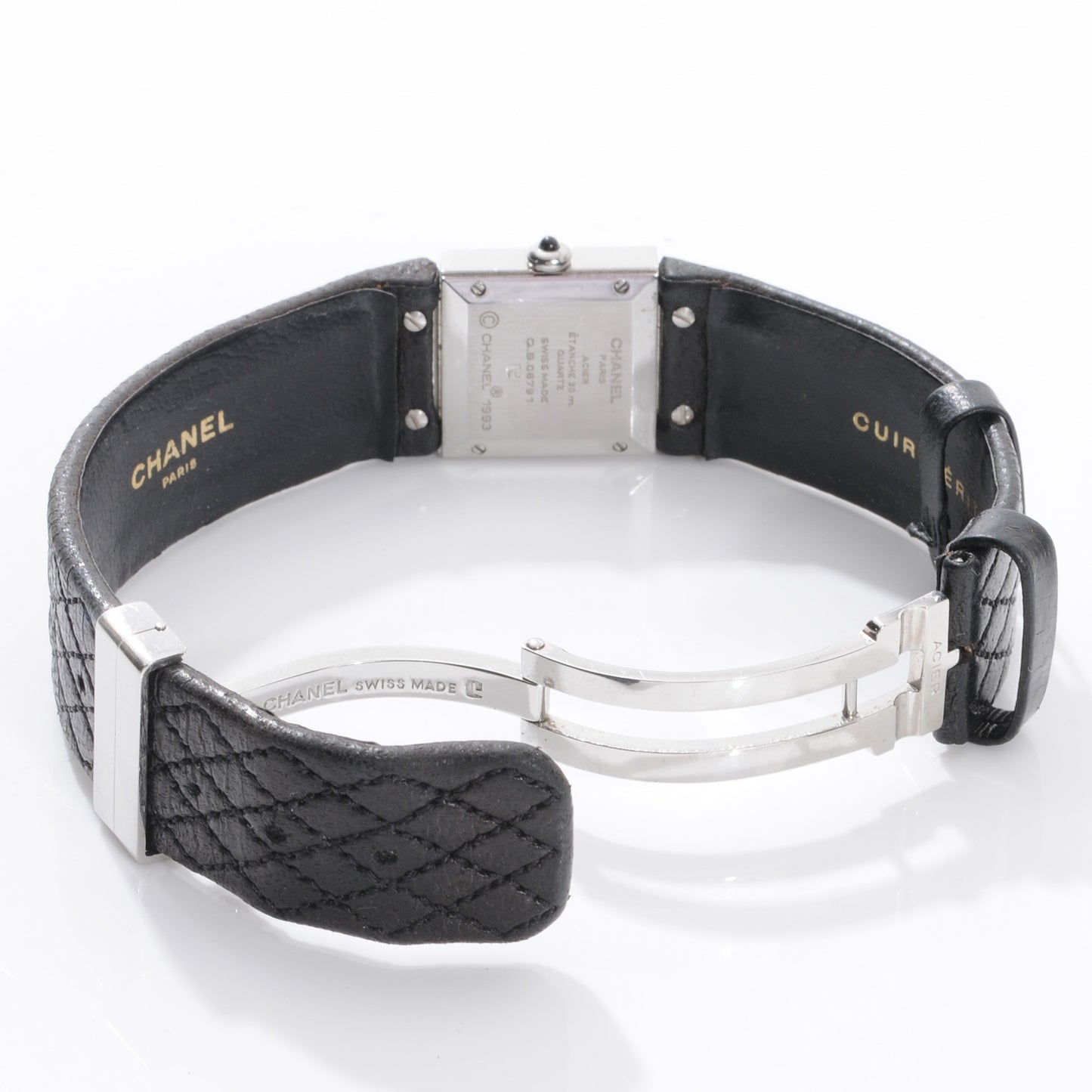 Stainless Steel Calfskin 19mm Quilted Matelasse Quartz Watch Black