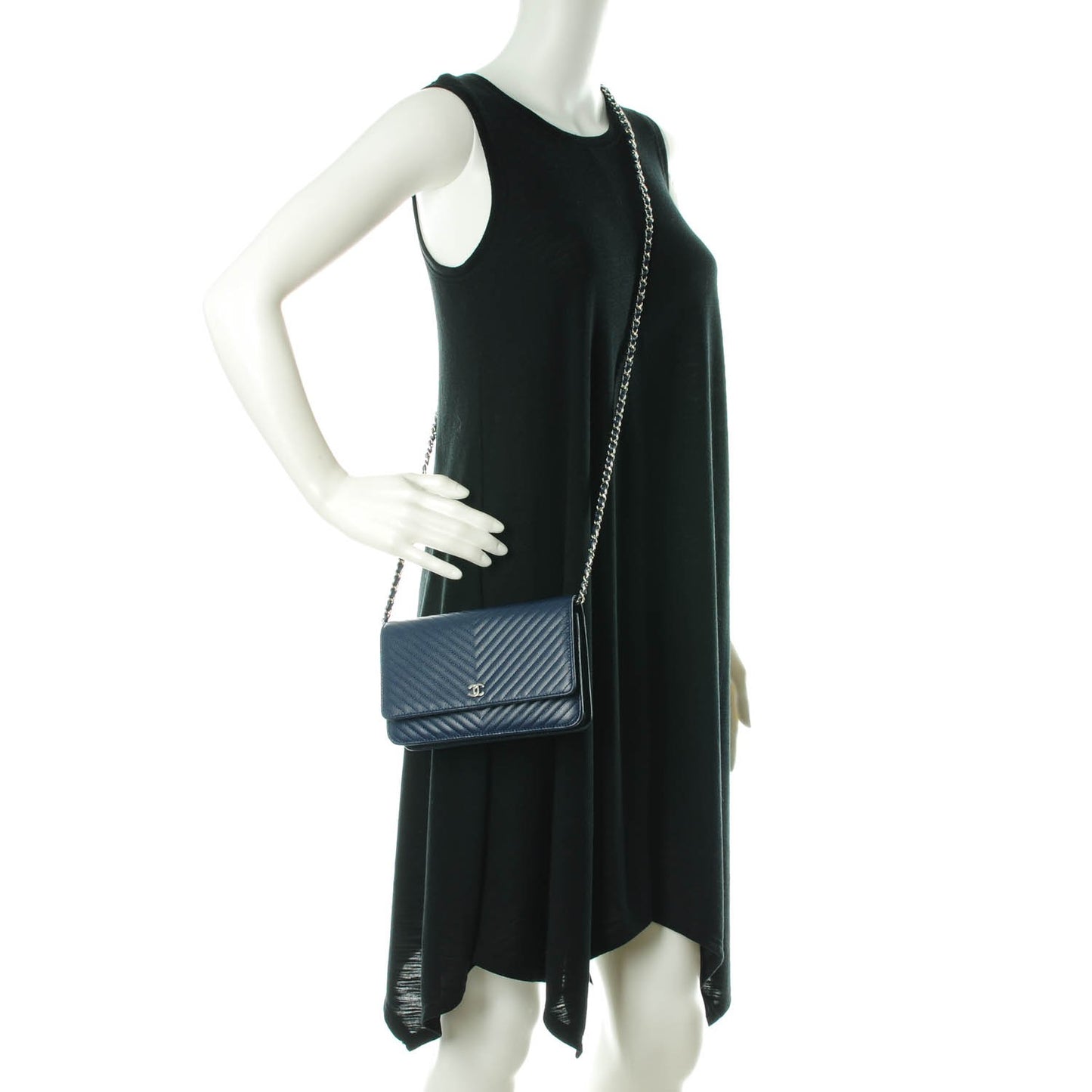 Caviar Chevron Quilted Wallet On Chain WOC Navy Blue