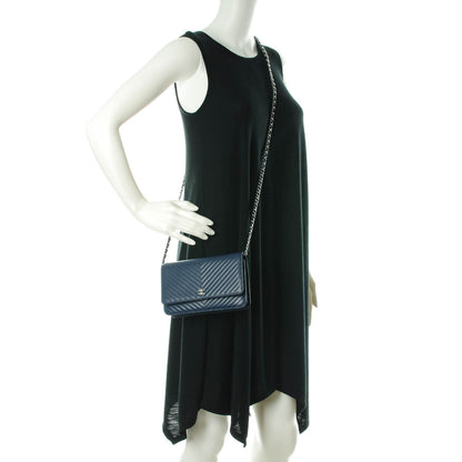 Chanel Caviar Chevron Quilted Wallet On Chain WOC Navy Blue 2 of 8