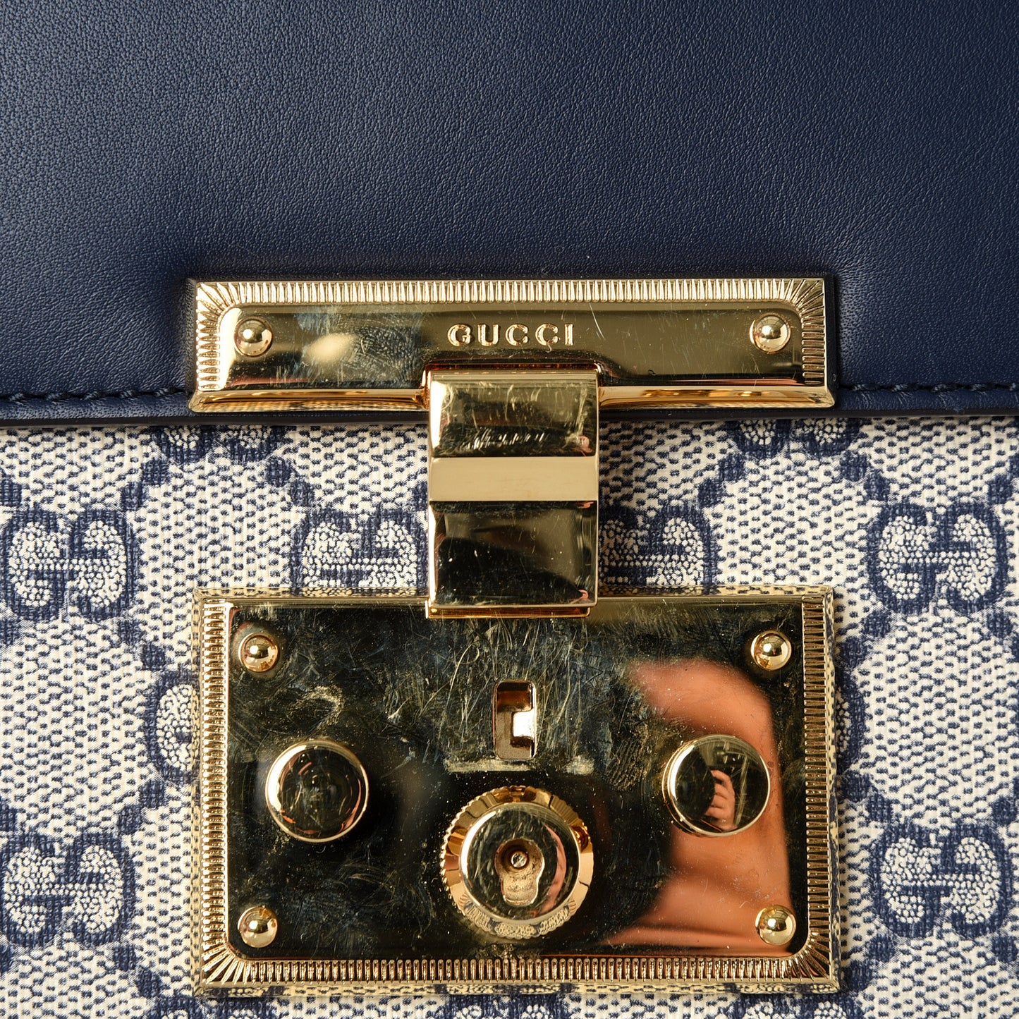 GG Supreme Monogram Calfskin Medium Padlock Top Handle Bag Beige Blue Mystic White Hibiscus Red