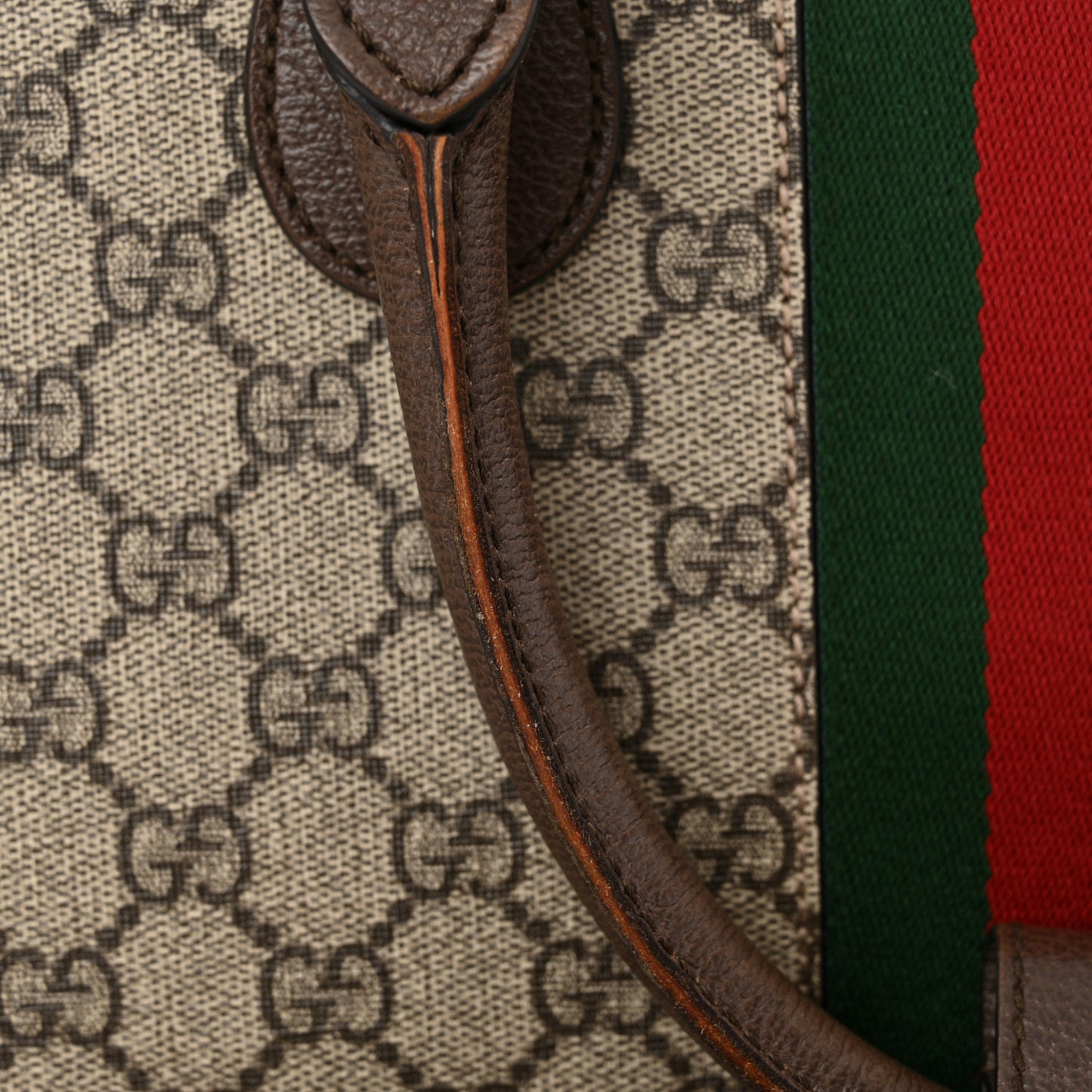 GG Supreme Monogram Textured Dollar Calfskin Web Medium Ophidia Top Handle Duffle Bag Beige Ebony New Acero