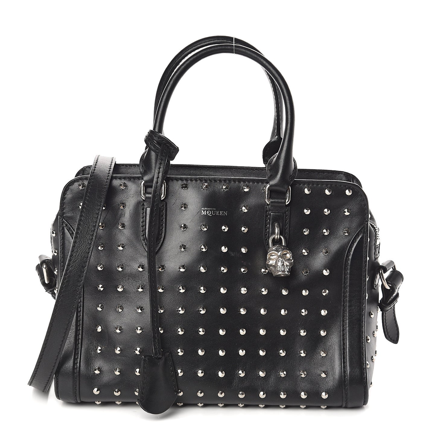 Calfskin Small Studded Padlock Zip Around Tote Black
