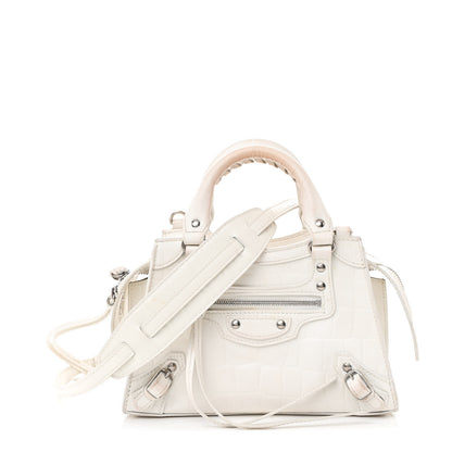 Balenciaga Semi Shiny Calfskin Crocodile Embossed Neo Classic Silver Hardware Mini City White 1 of 22