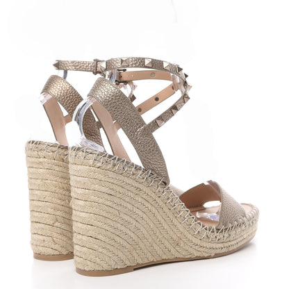 Valentino Garavani Metallic Grained Calfskin Rockstud Crisscross Ankle Strap Espadrille Wedge Sandals 41 Skin Natural 4 of 7