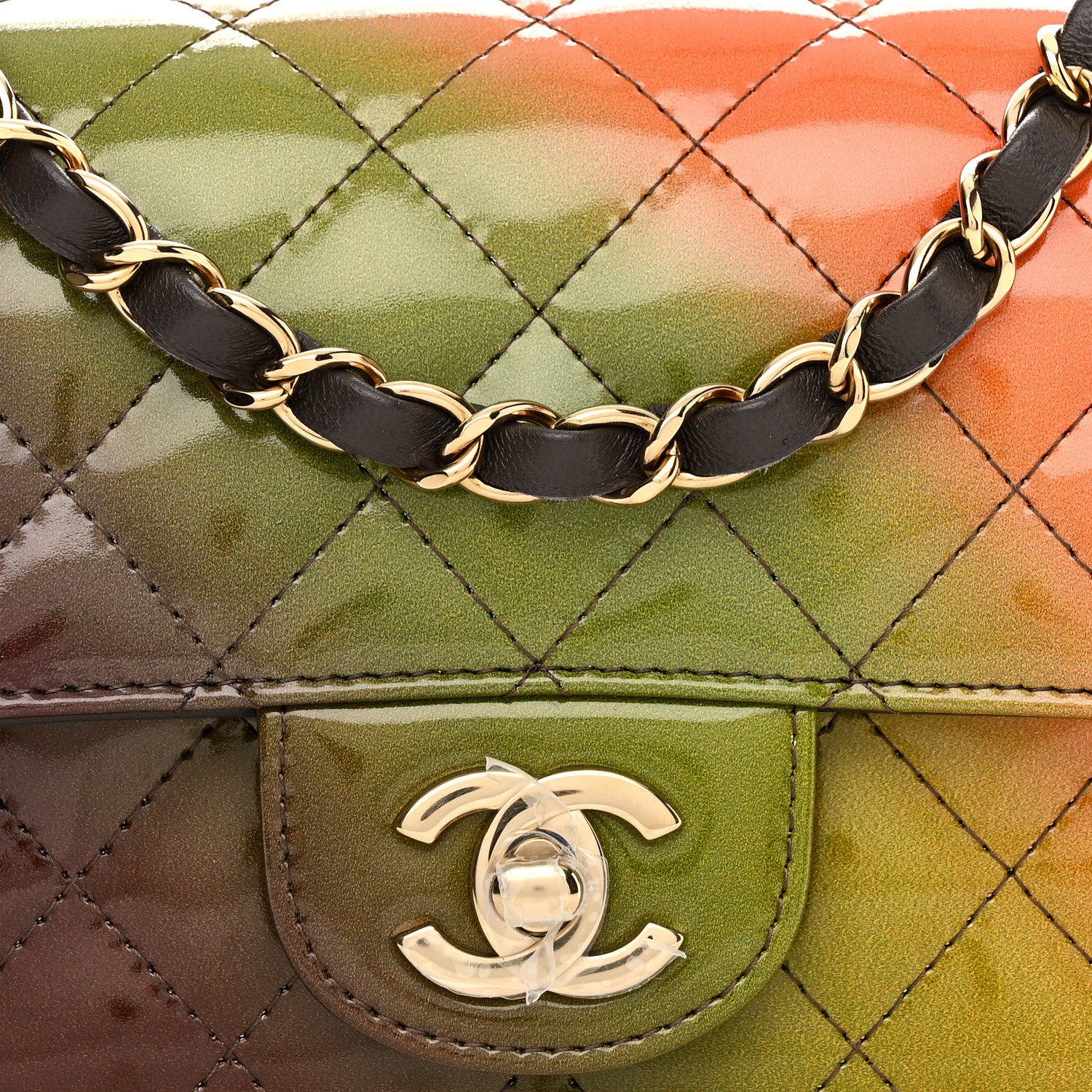 Chanel Shaded Patent Calfskin Quilted Mini Rectangular Flap Green Orange Dark Brown 8 of 11