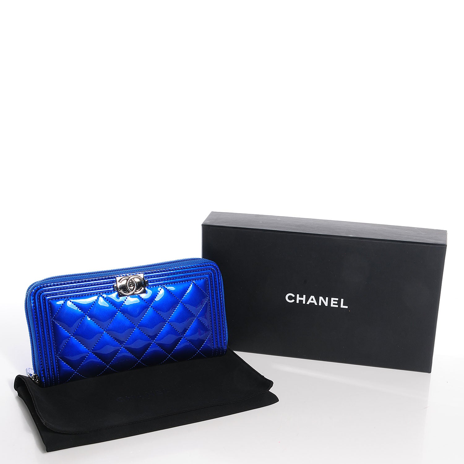 Chanel Metallic Patent Quilted Boy L-Gusset Zip Wallet Blue 5 of 9