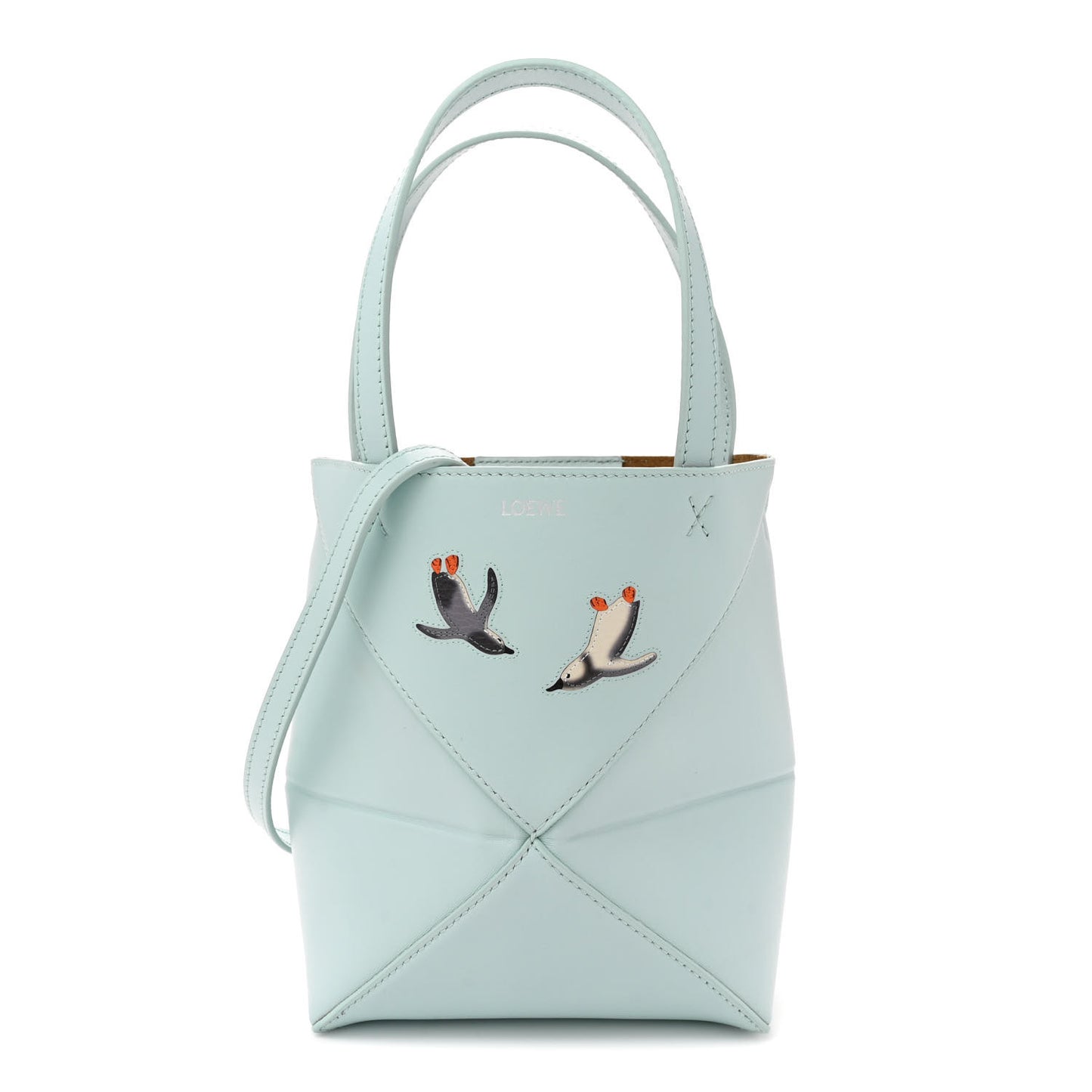 X SUNA FUJITA Shiny Calfskin Penguin Mini Puzzle Fold Tote Blue Iceberg
