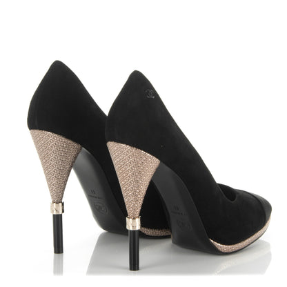Chanel Suede Calfskin Satin Cap Toe CC Pumps 41 Black 4 of 8