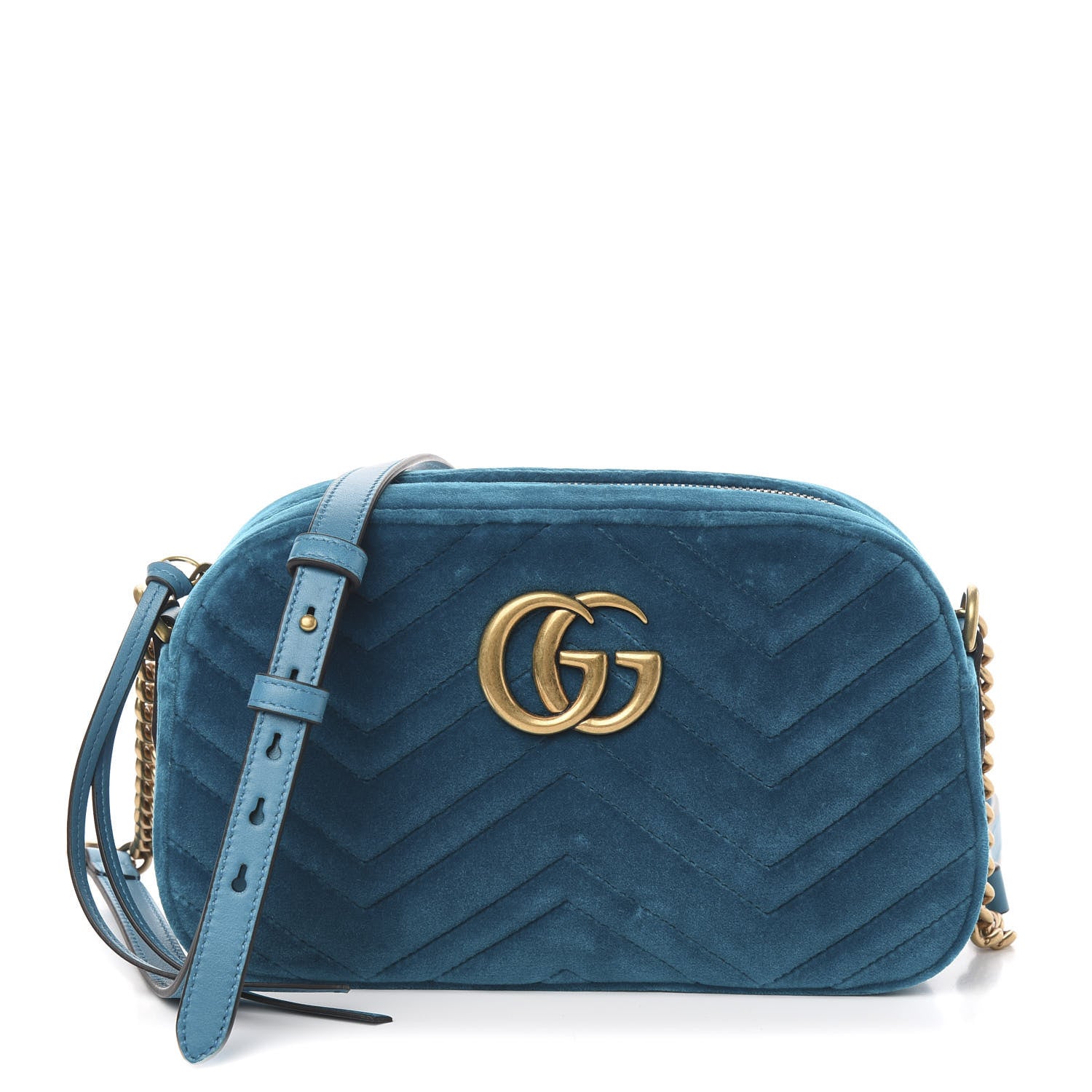 Gucci Velvet Matelasse Small GG Marmont Chain Shoulder Bag Pavone Cyan 1 of 10