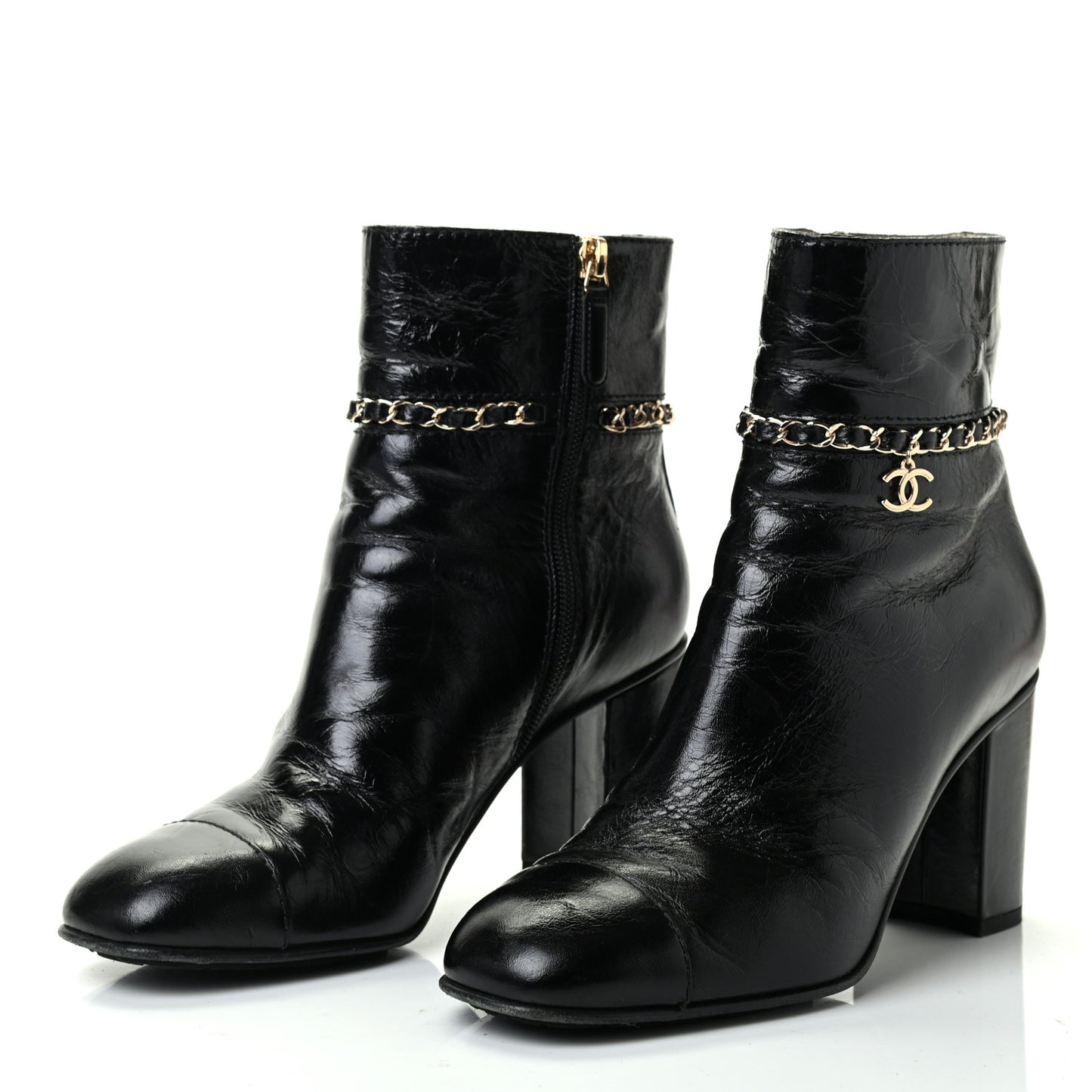 Crumpled Calfskin Cap Toe Chain Short Boots 38.5 Black