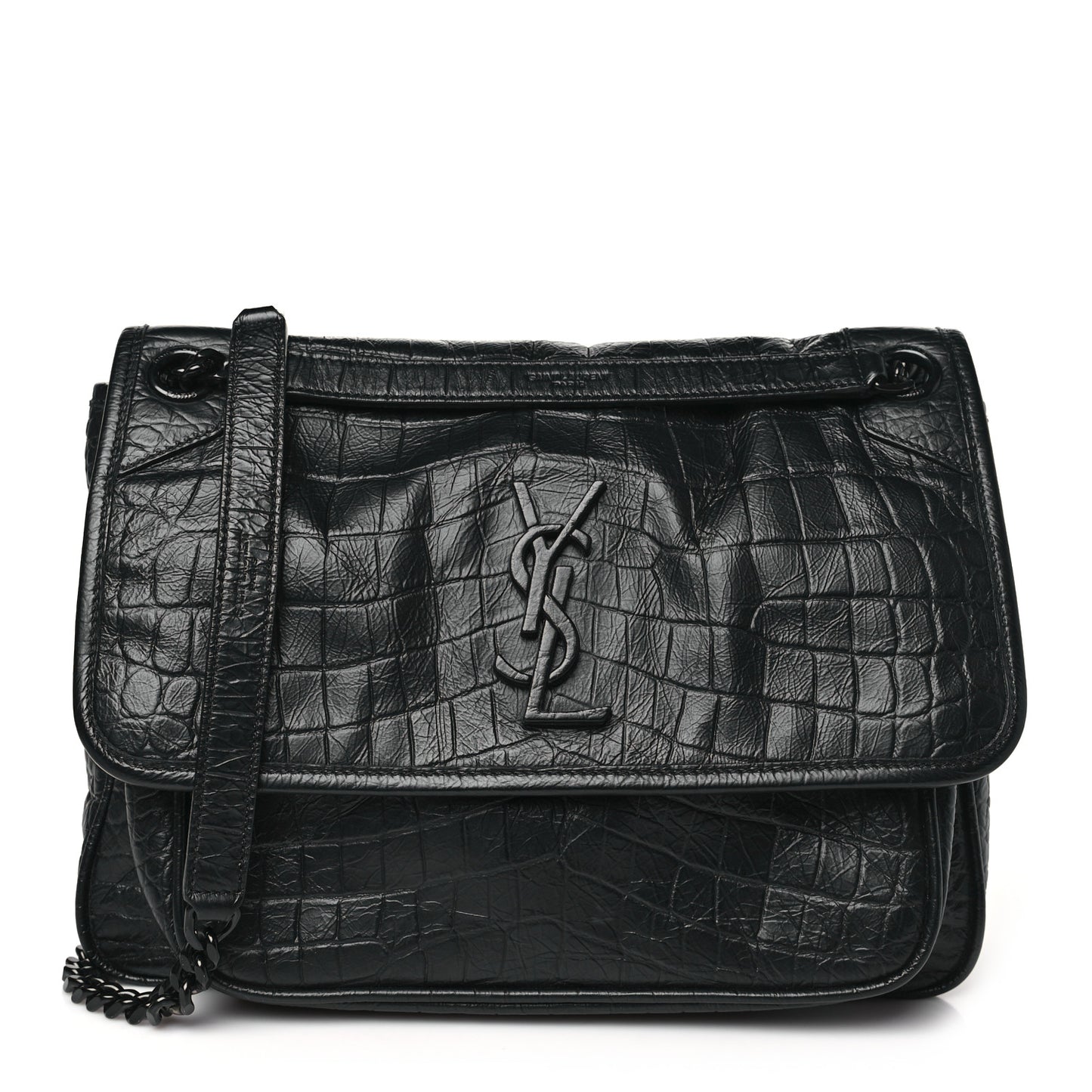Crocodile Embossed Lambskin Monogram Medium Niki Chain Satchel Black