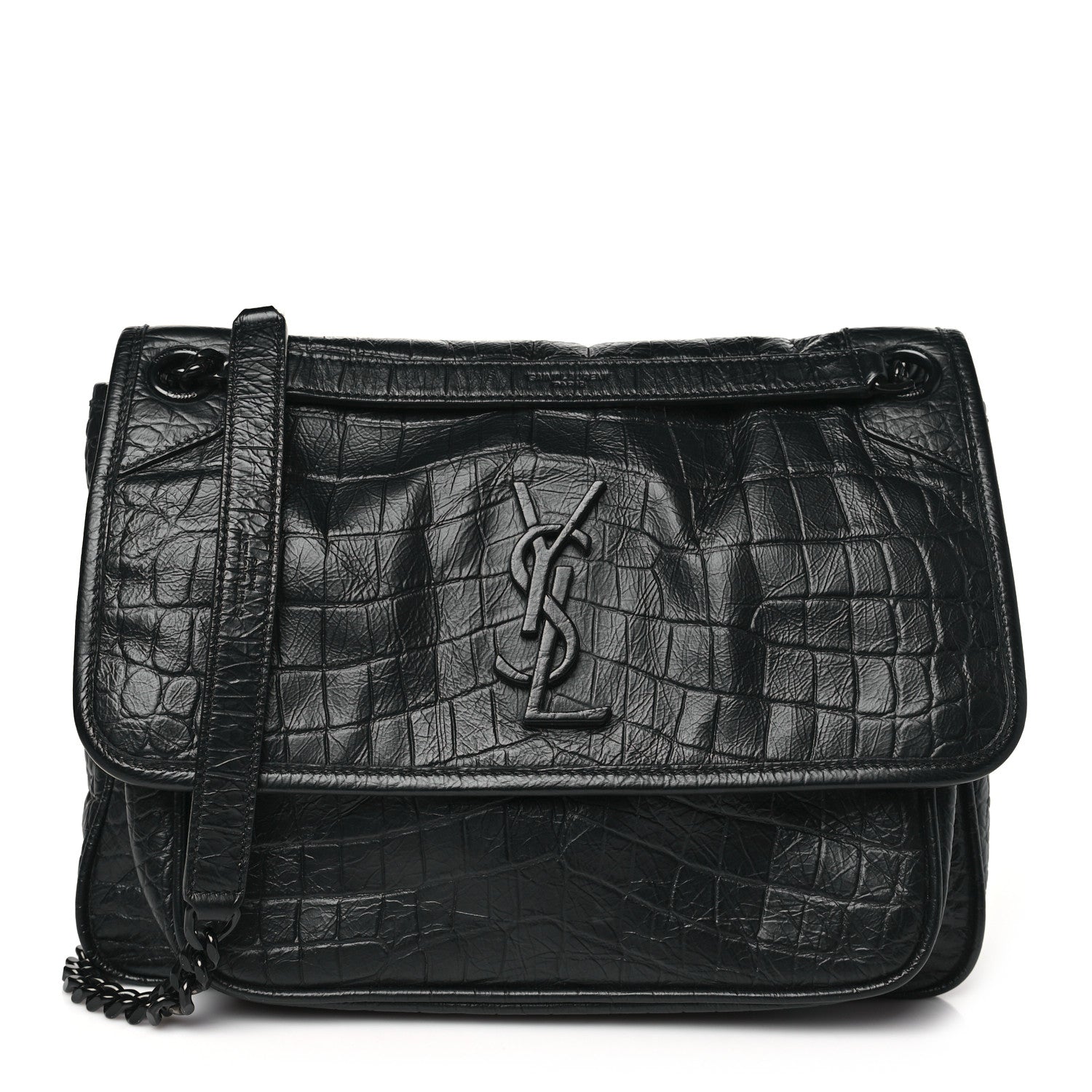 Saint Laurent Crocodile Embossed Lambskin Monogram Medium Niki Chain Satchel Black 1 of 11