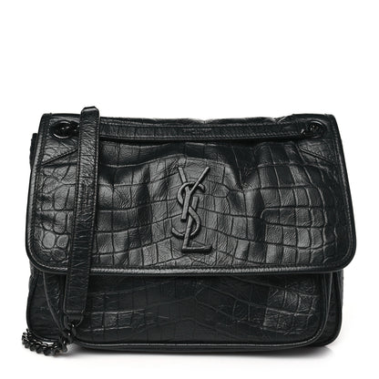 Saint Laurent Crocodile Embossed Lambskin Monogram Medium Niki Chain Satchel Black 1 of 11