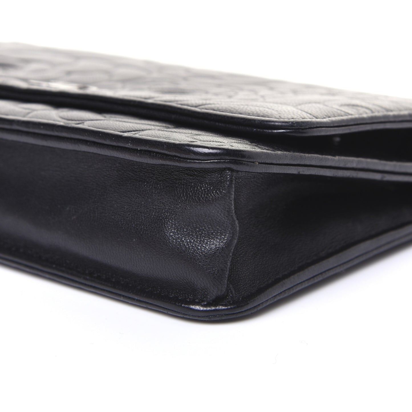 Lambskin Camellia Embossed Wallet on Chain WOC Black