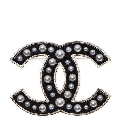 Chanel Pearl Enamel CC Brooch Black Gold 1 of 5