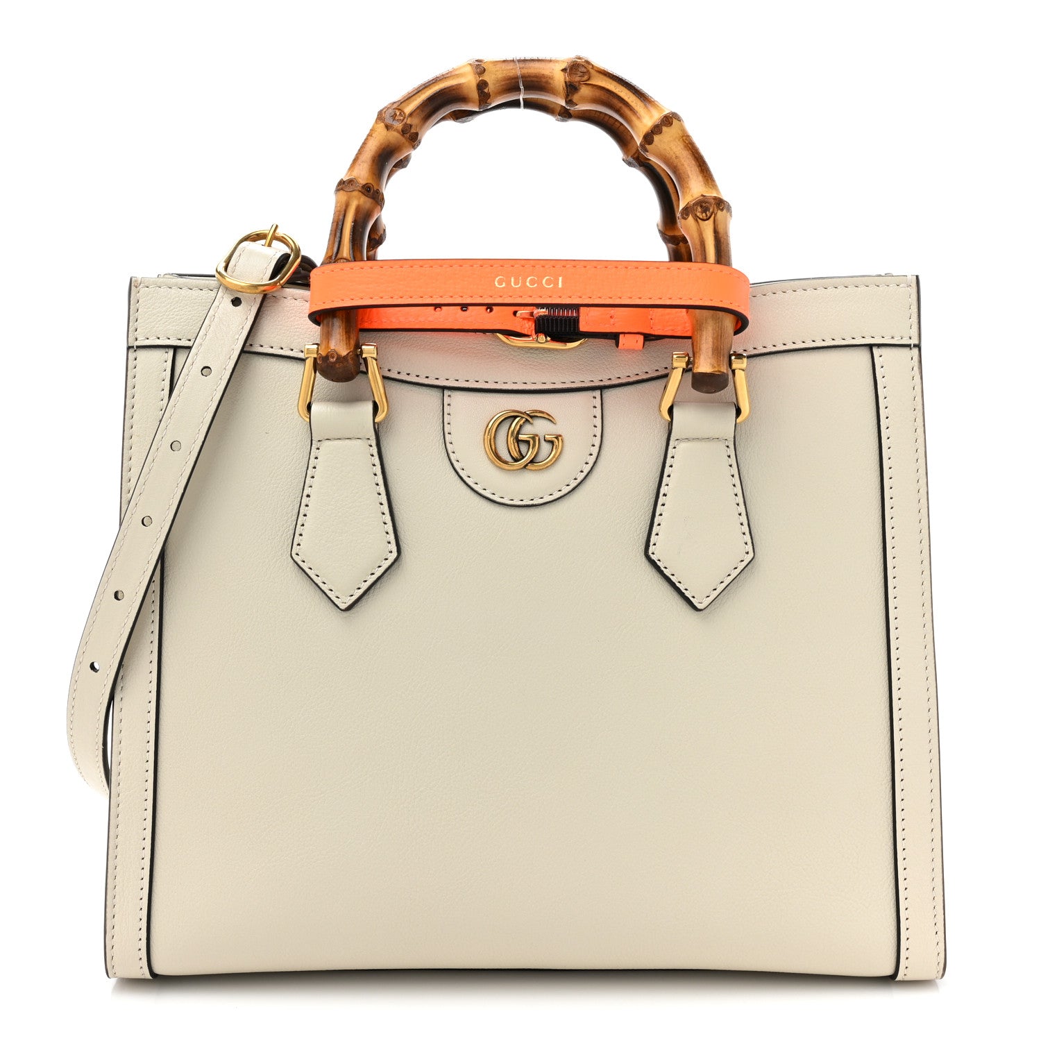 Gucci Wonka Grain Calfskin Small Diana Tote Bag Mystic White Orange Fluo 1 of 12