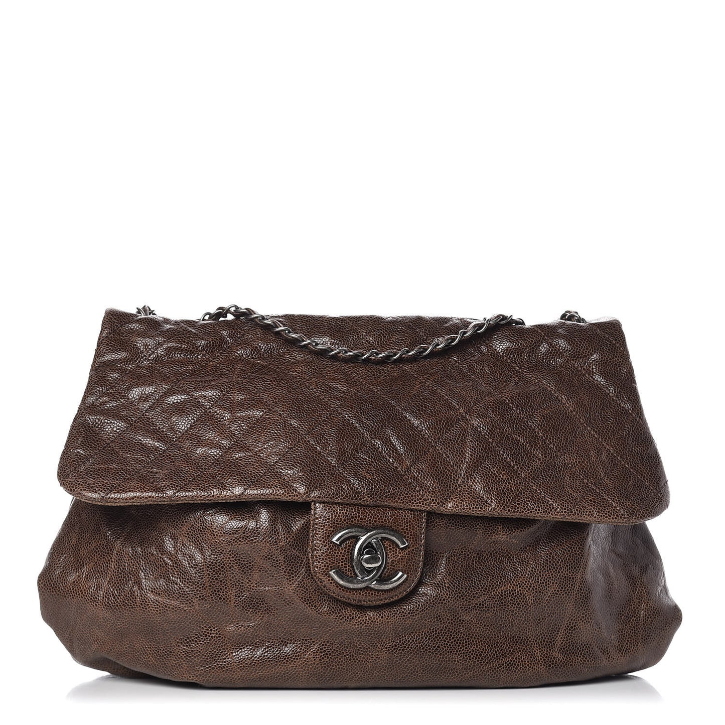 Grained Calfskin Quilted Maxi Elastic Flap Brown
