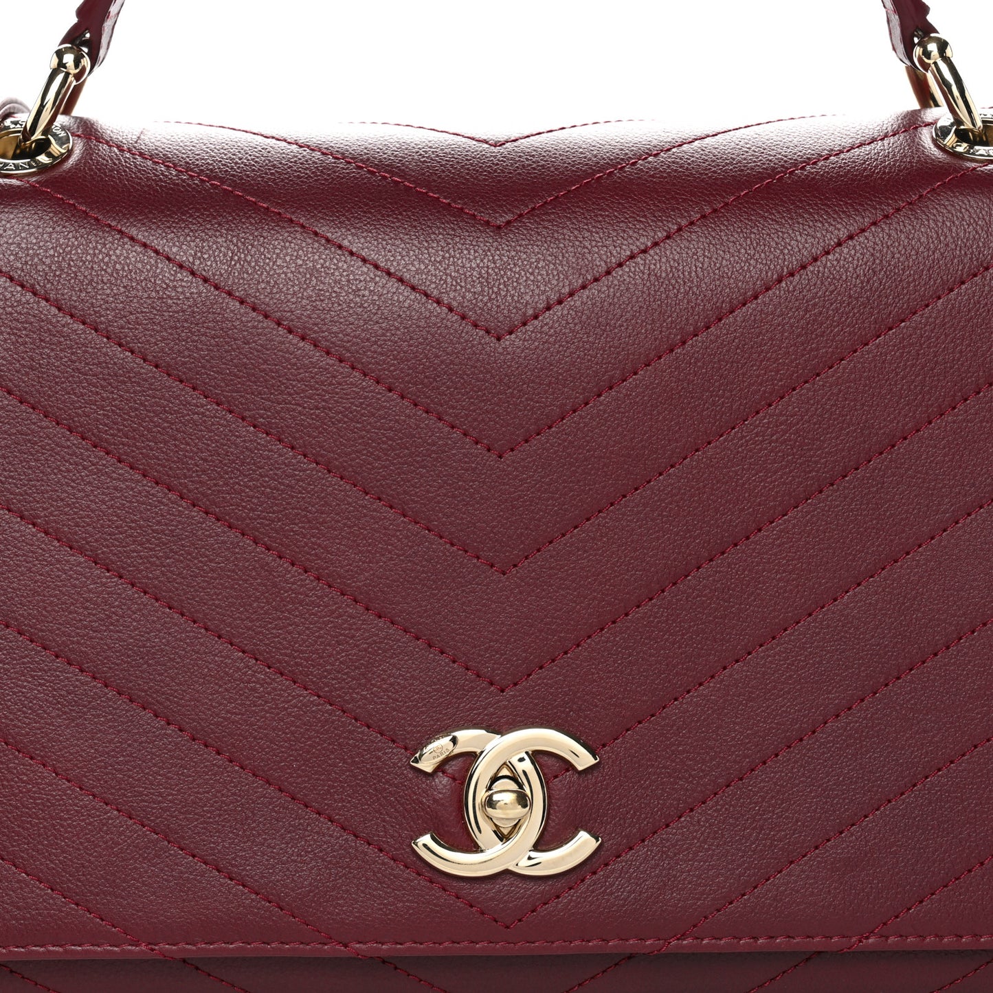 Grained Calfskin Stitched Chevron Medium Chic Top Handle Flap Red