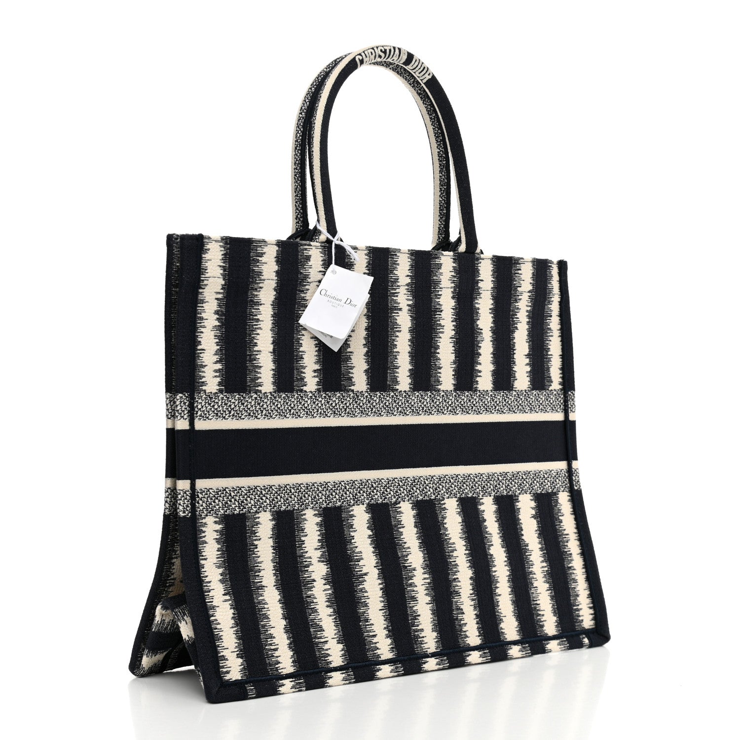 Christian Dior Canvas Embroidered Large Striped Book Tote Navy 3 of 10