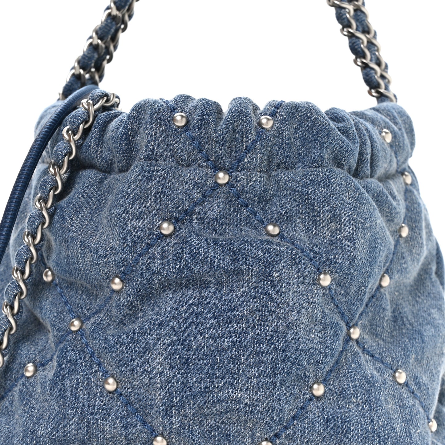 Washed Denim Quilted Studded Mini Chanel 22 Blue