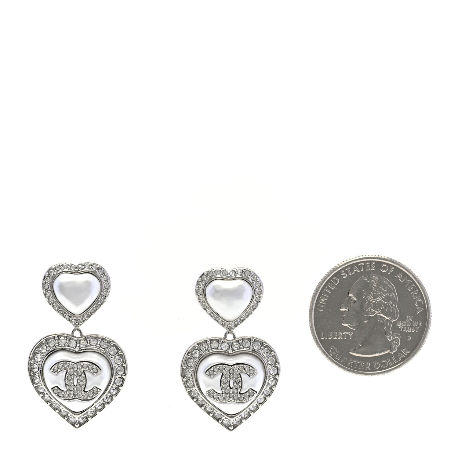 Chanel Pearl Crystal CC Heart Drop Earrings Silver 2 of 5