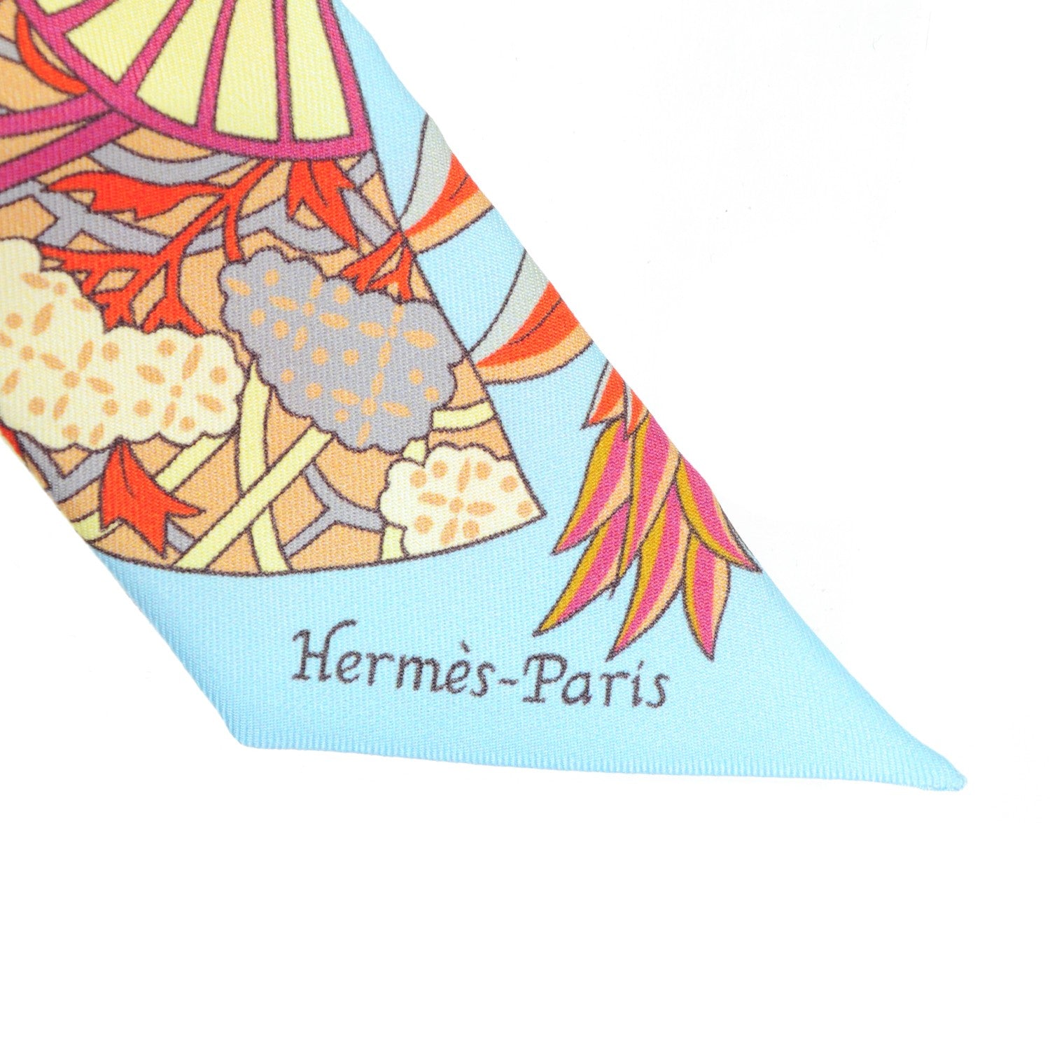 Hermes Silk Fleurs et Papillons de Tissus Twilly Bleu Ciel Corail Jaune 4 of 7