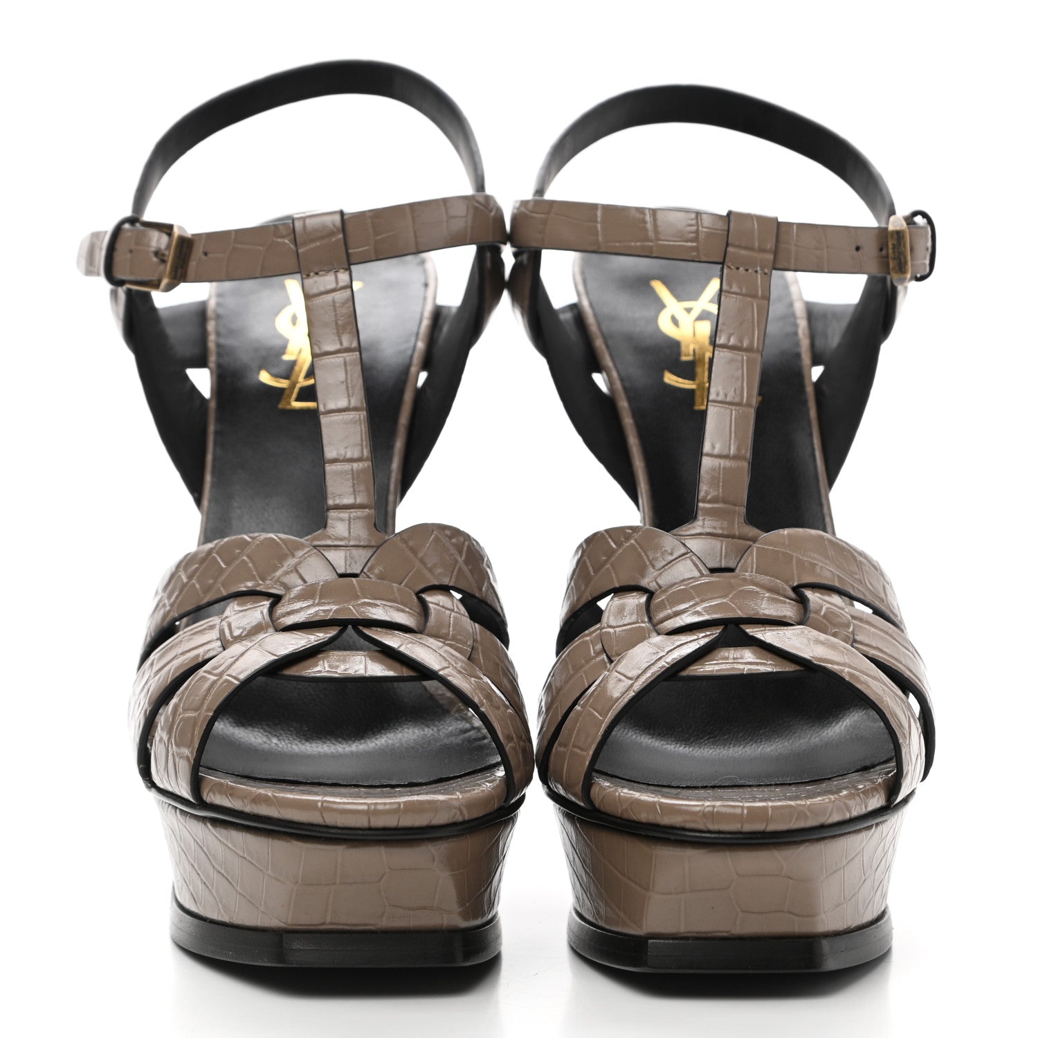 Saint Laurent Calfskin Embossed Crocodile Tribute 105 Platform Sandals 37.5 Dusty Grey 2 of 9