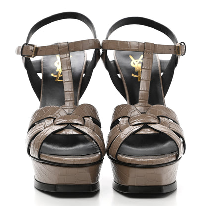 Saint Laurent Calfskin Embossed Crocodile Tribute 105 Platform Sandals 37.5 Dusty Grey 2 of 9
