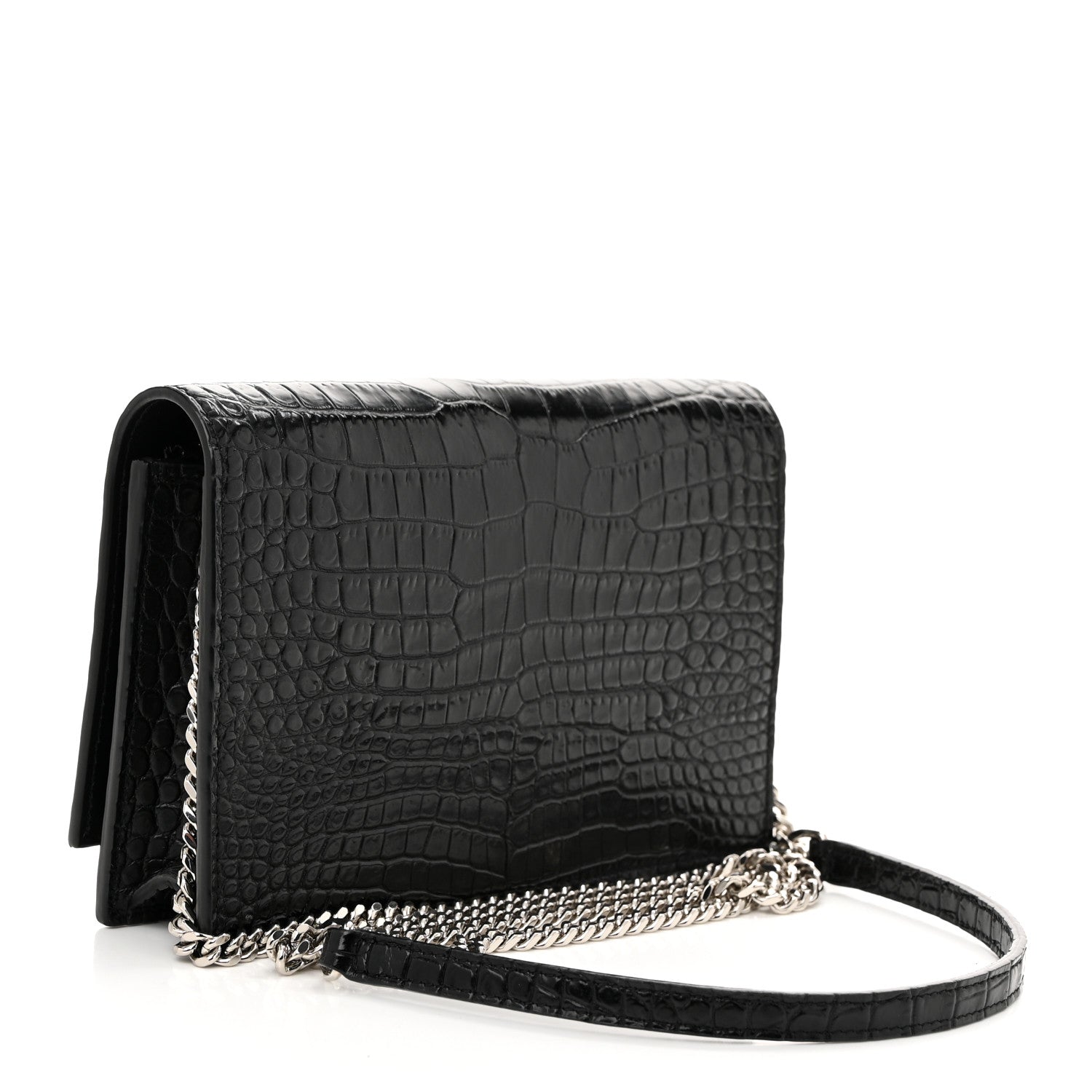 Saint Laurent Calfskin Crocodile Embossed Kate Monogram Tassel Chain Wallet Black 3 of 10