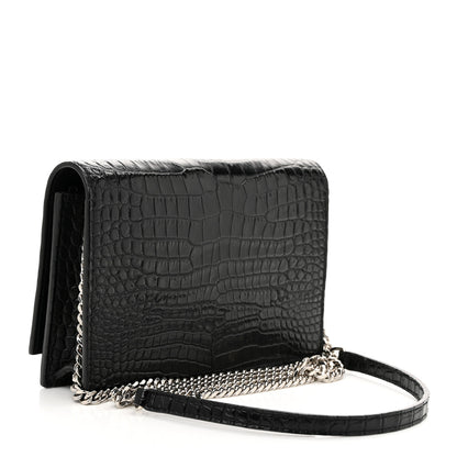 Saint Laurent Calfskin Crocodile Embossed Kate Monogram Tassel Chain Wallet Black 3 of 10