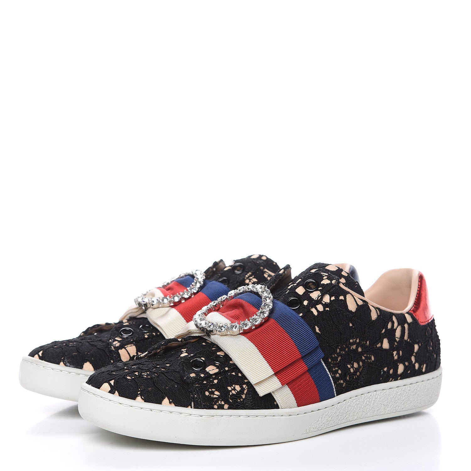 Gucci Lace Crystal Sylvie Web Flower Leaf Womens Ace Sneakers 34.5 Black Tan Beige 3 of 10