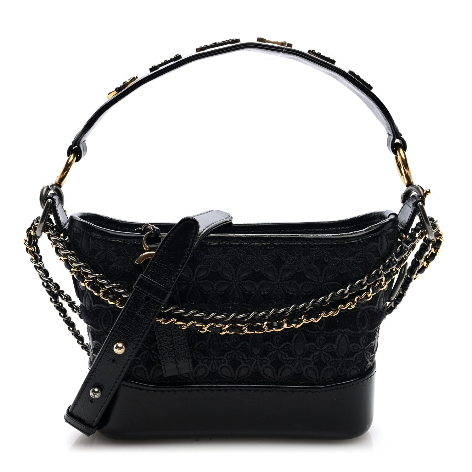 Chanel Calfskin Wool Felt Embossed Small Gabrielle Logo Hobo Black 1 of 9