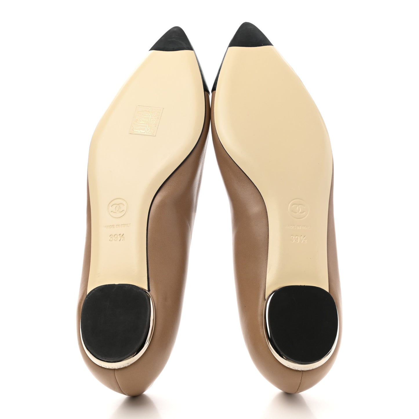Lambskin Coco Line Pointed Toe Ballerina Flats 39.5 Beige Black