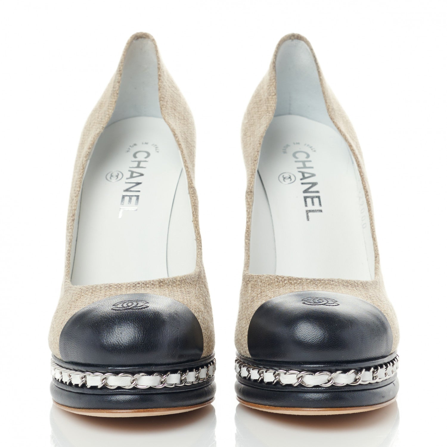 Chanel Linen Lambskin CC Chain Cap Toe Platform Pumps 39.5 Beige Fonce Black 3 of 9