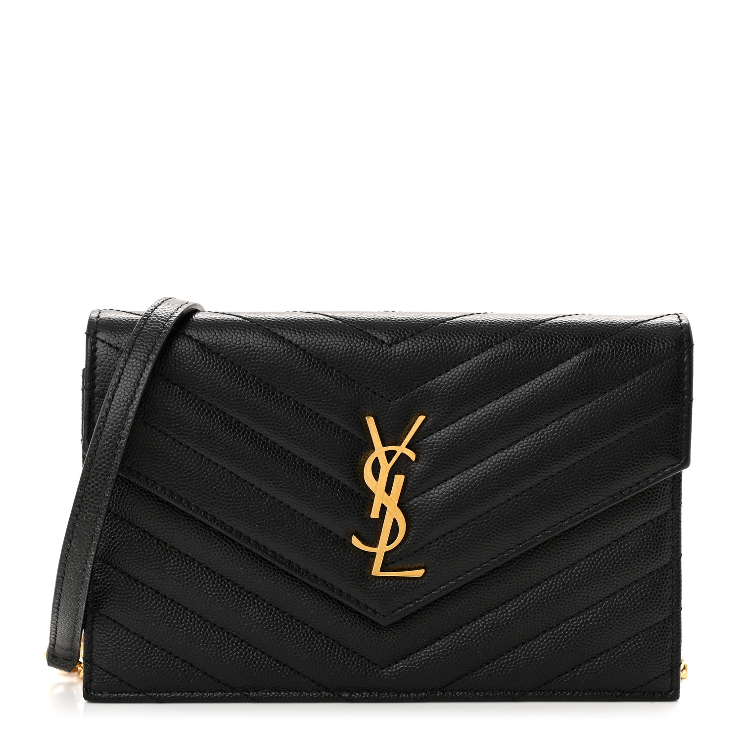 Saint Laurent Grain De Poudre Matelasse Chevron Monogram Envelope Chain Wallet Black 1 of 10