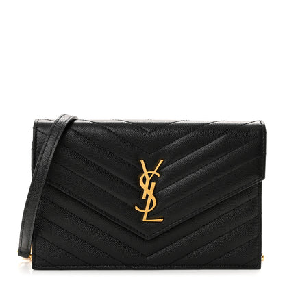 Saint Laurent Grain De Poudre Matelasse Chevron Monogram Envelope Chain Wallet Black 1 of 10