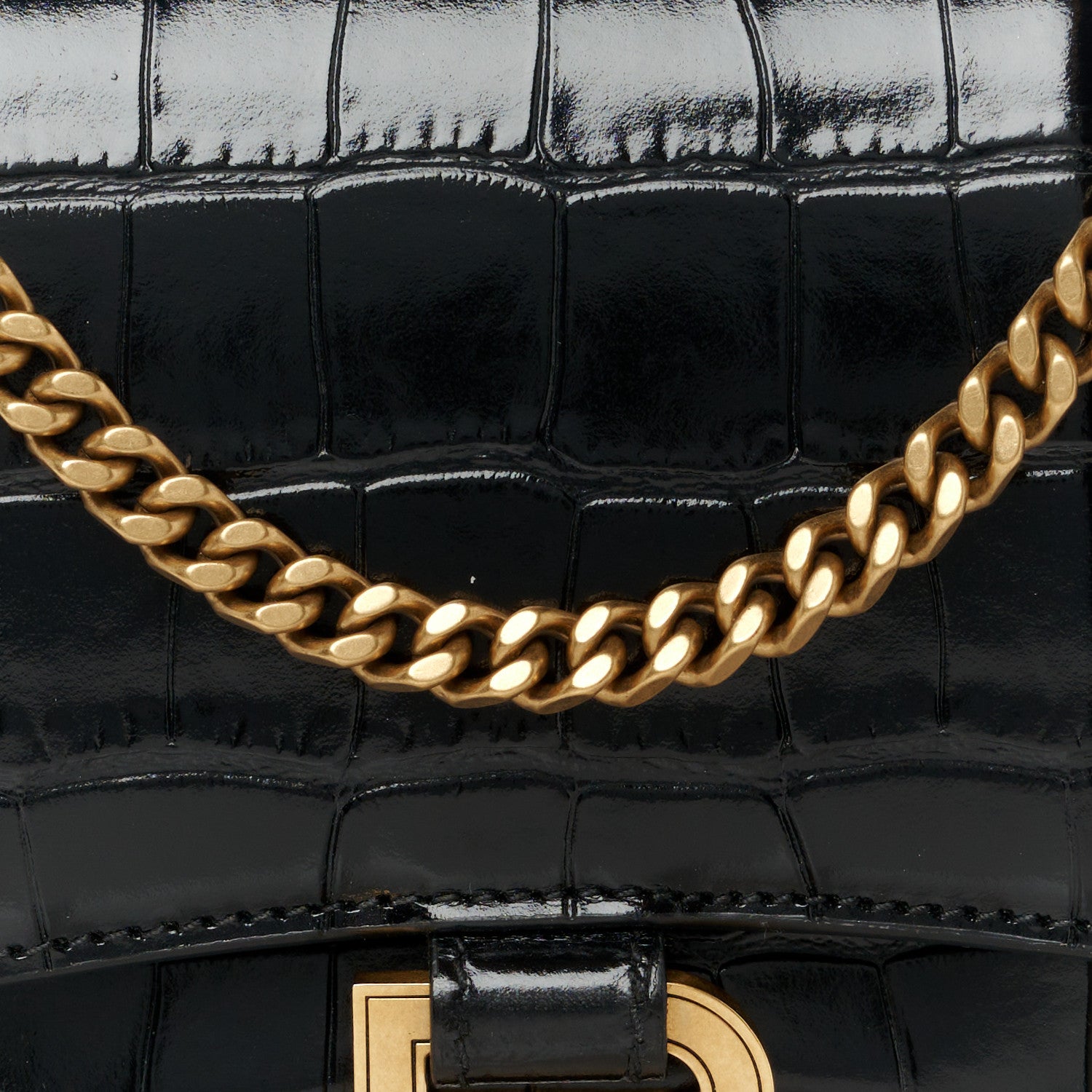 Balenciaga Shiny Calfskin Crocodile Embossed Hourglass Chain Bag Black 9 of 11