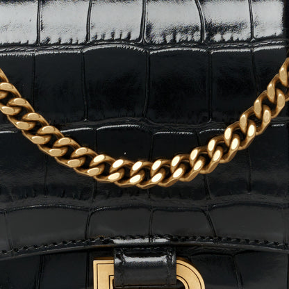 Balenciaga Shiny Calfskin Crocodile Embossed Hourglass Chain Bag Black 9 of 11