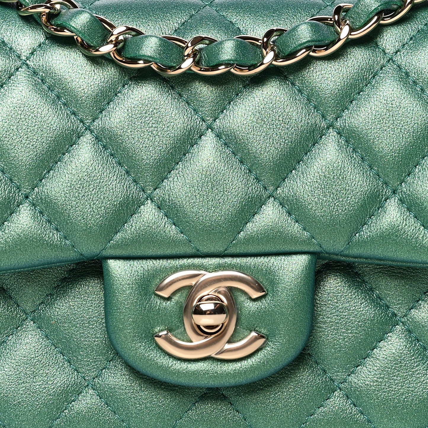 Iridescent Calfskin Quilted Mini Rectangular Flap Green