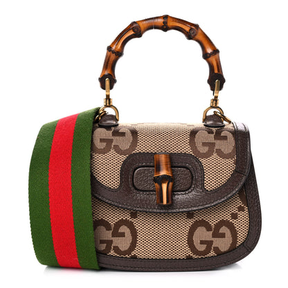 Gucci Monogram Jumbo GG Textured Dollar Calfskin Web Mini Bamboo 1947 Top Handle Bag Camel Ebony New Acero 1 of 10