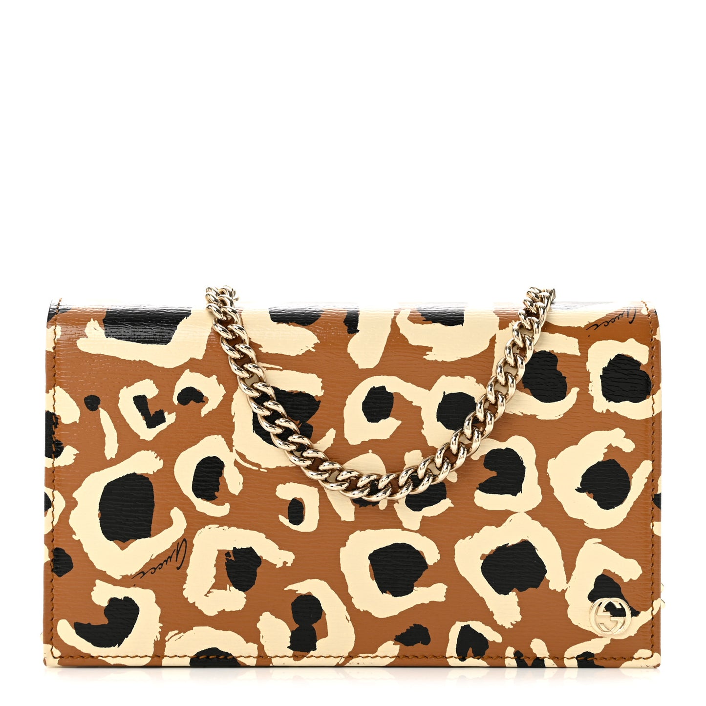 Patent Leopard Print Betty Chain Wallet Tobacco Black
