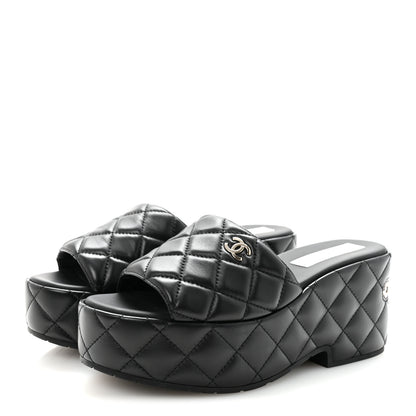 Chanel Lambskin Quilted CC Mules Wedge Sandals 39 Black 4 of 10