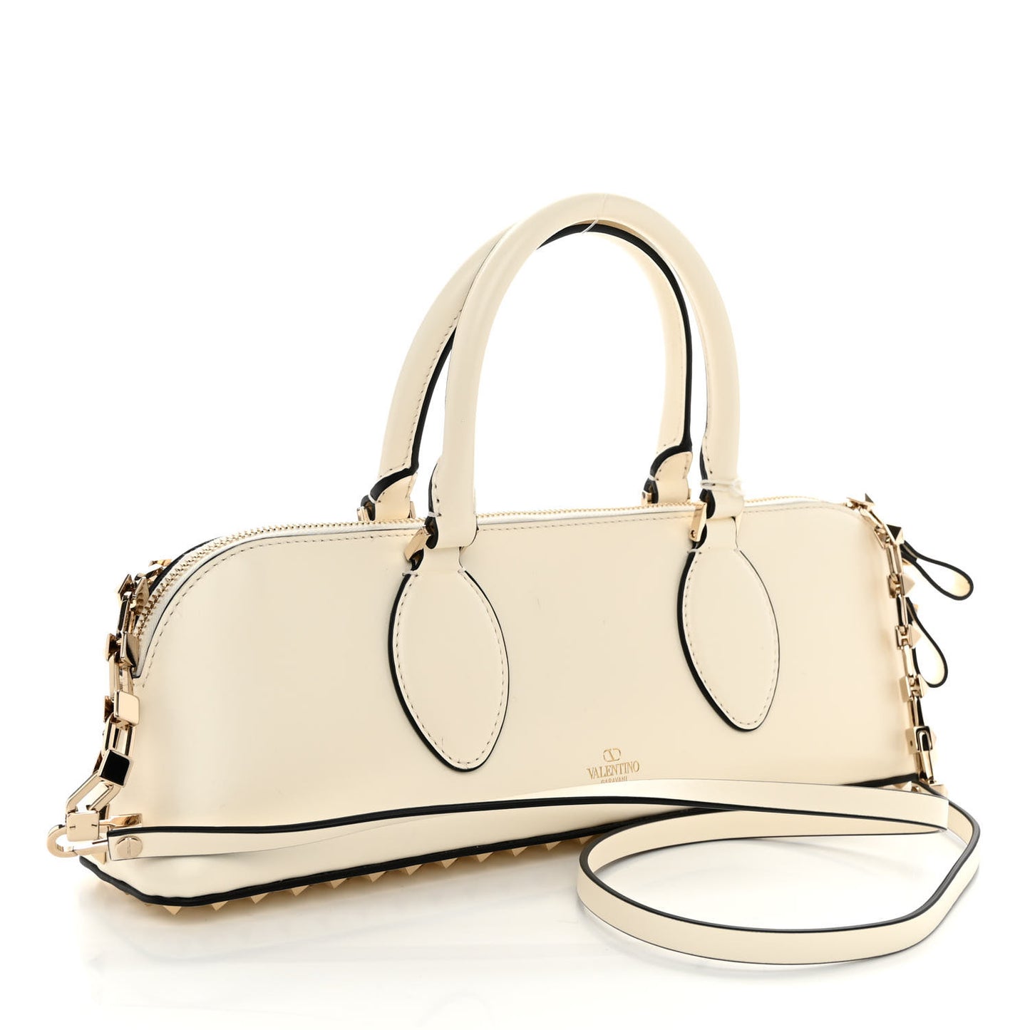 Smooth Calfskin Rockstud East West Top Handle Bag Ivory