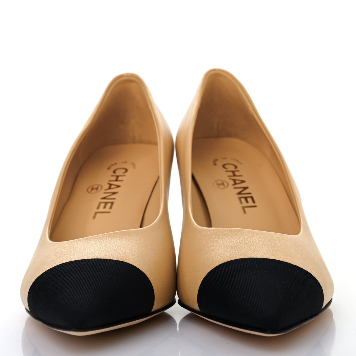 Chanel Lambskin Grosgrain Cap Toe CC Pumps 36.5 Beige Black 2 of 4