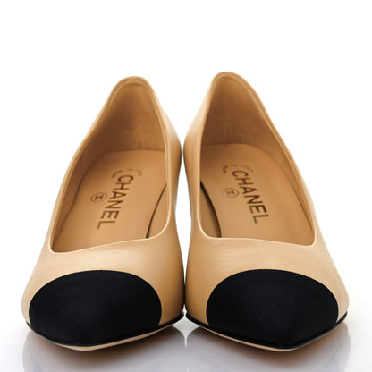 Chanel Lambskin Grosgrain Cap Toe CC Pumps 36.5 Beige Black 2 of 4